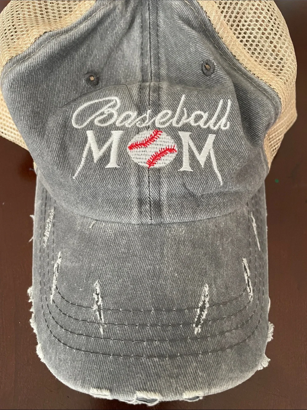 Baseball Mom Distressed Trucker Hat - Gray and Tan